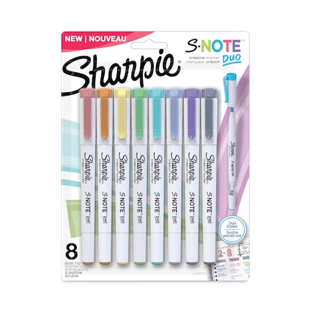 S-Note Creative Markers, Assorted Ink Colors, Bullet/Chisel Tip, White Barrel, PK8, 8PK